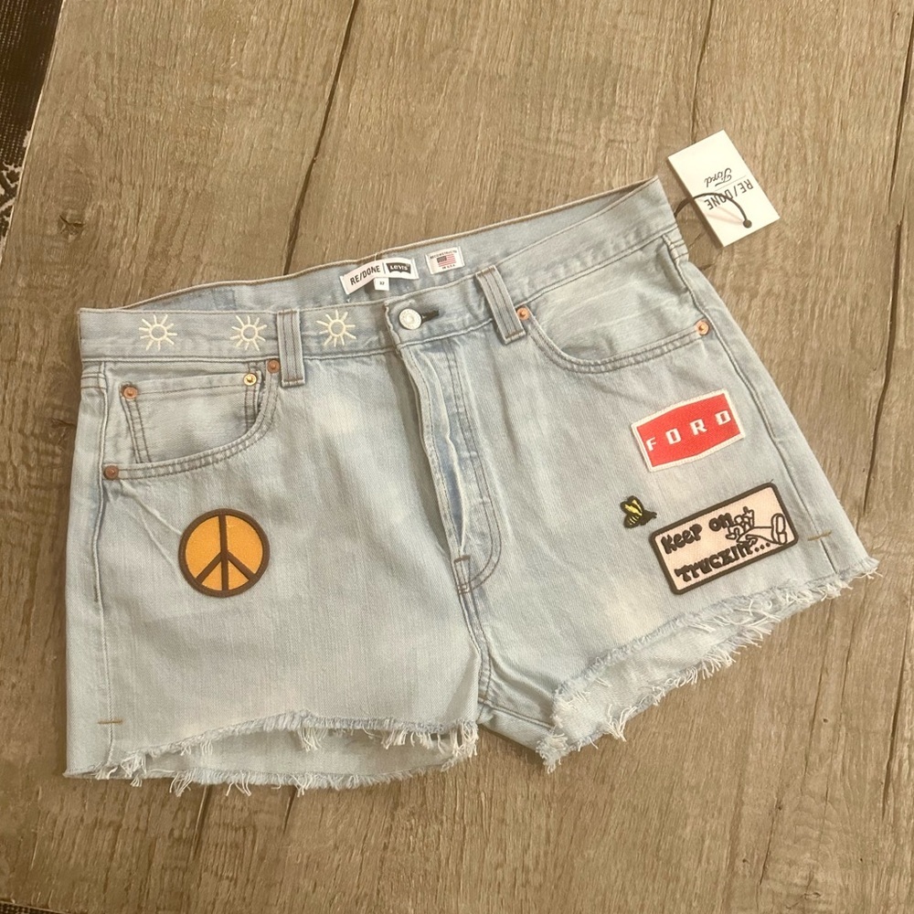 Re/Done. X Levis Indigo Patch Denim Hot Shorts.